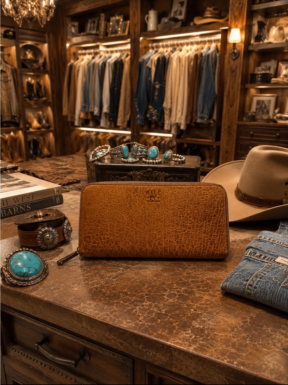 WILL Leather Cognac Zip Around Clutch Wallet